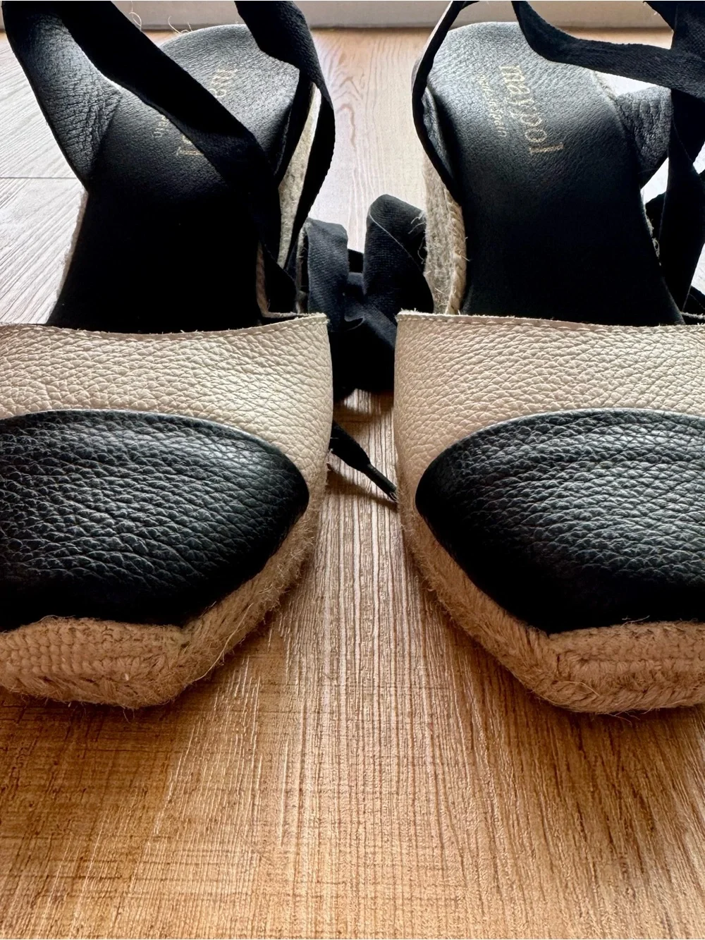 Maypol Espadrille Wedge Sandals EU 39 US 8.5 Black Cream Leather Lace Up Spain